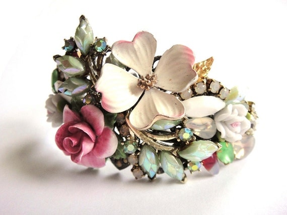 Bridal bracelet romantic pastel vintage collage in mint and pink - wedding jewelry - bridesmaids gift
