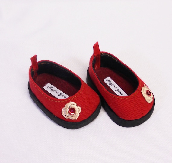 American Girl  & 18" Doll Shoes Holiday Theme - Slip-On Flats - Red  with Satin Rose and Sequins Trims