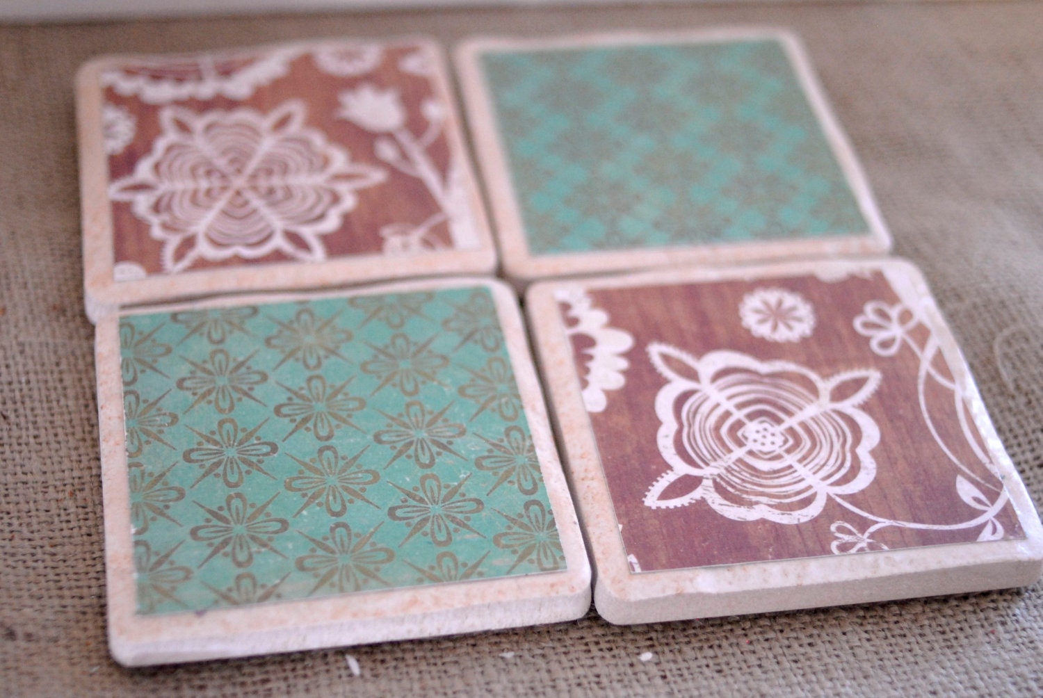 Rustic and Farmhouse Chic Coaster Set in Brown and Teal