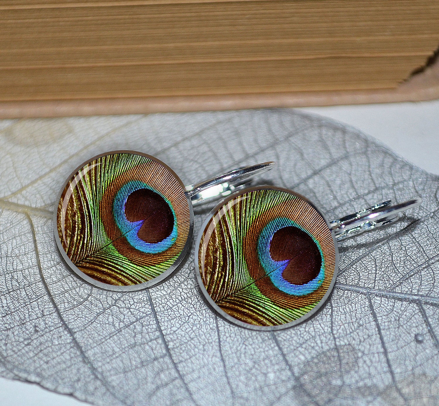 Peacock Feather Earrings Resin Earrings Resin Picture Earrings Photo Earrings Leverback Earrings C141 SALE