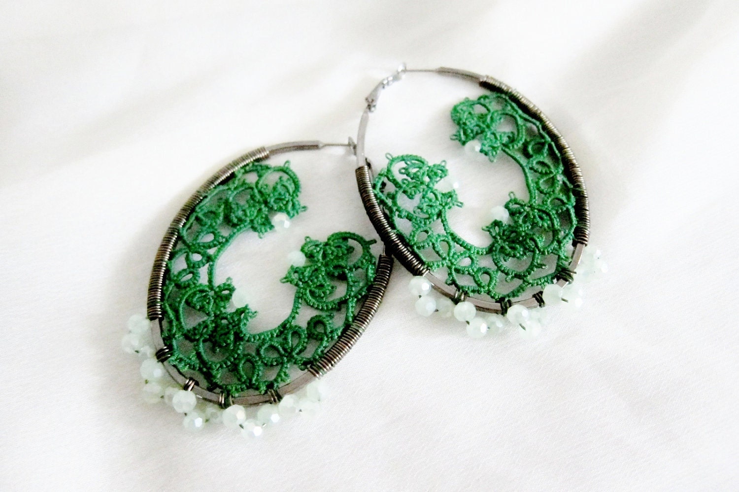 tatting green earrings tatted lace hoops erg123