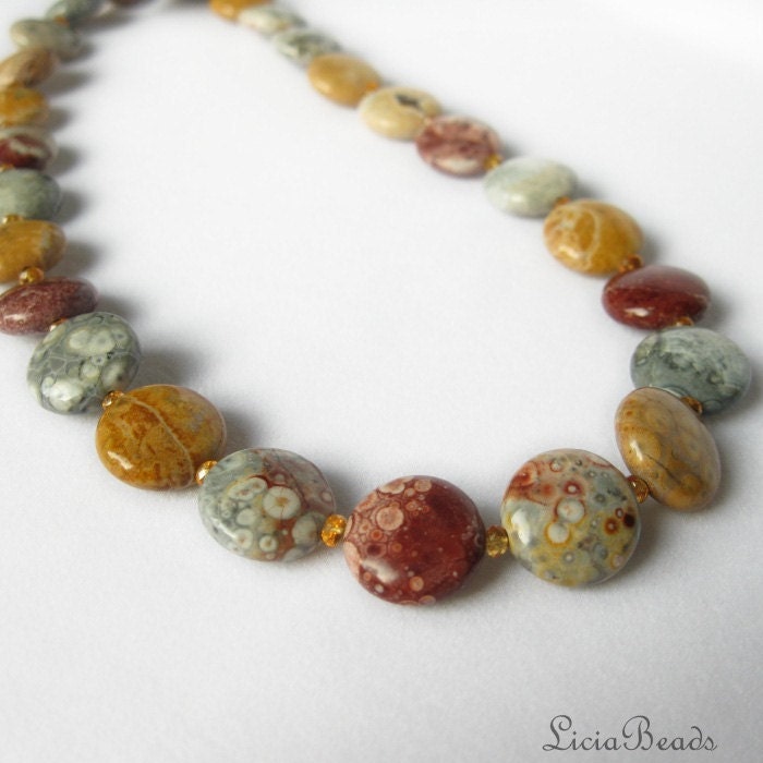 Business casual gemstone necklace in Mexican Sky Eye Jasper and mandarin garnet spacers