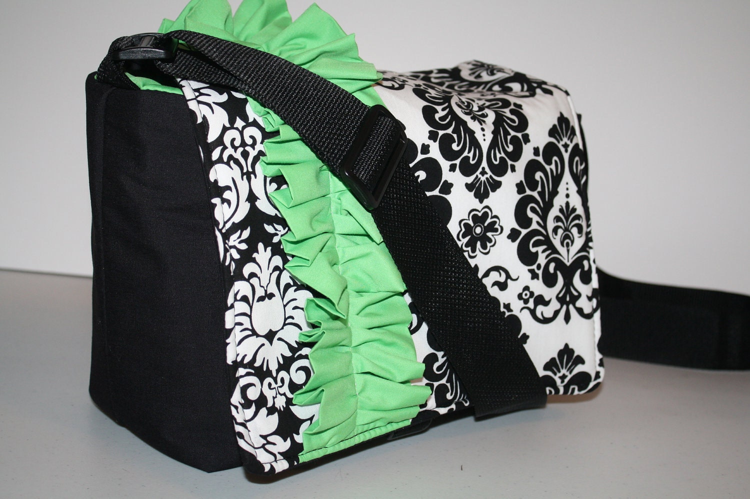 Digital Slr CAMERA Bag Dslr camera Bag Lens case Womens purse 2 black damask lime green ruffle Sm XcessRize Designs