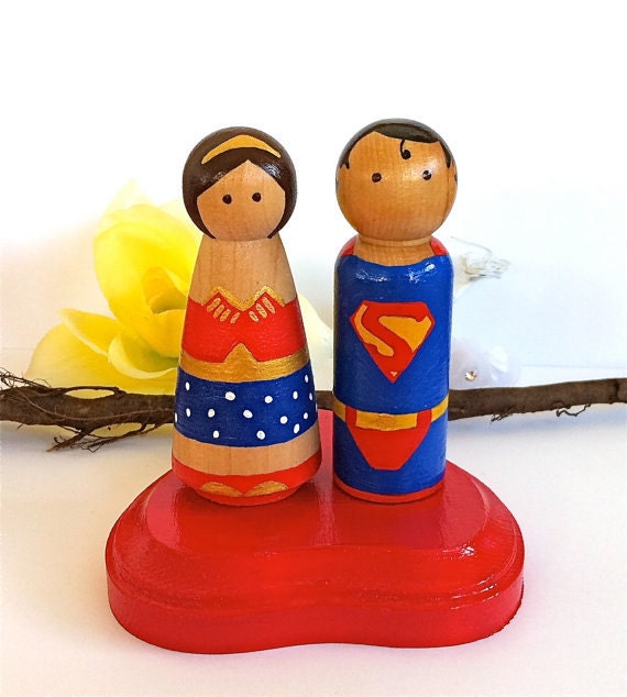 Superhero Wedding Cake Topper Bride and Groom Custom Wood Peg Doll Superman