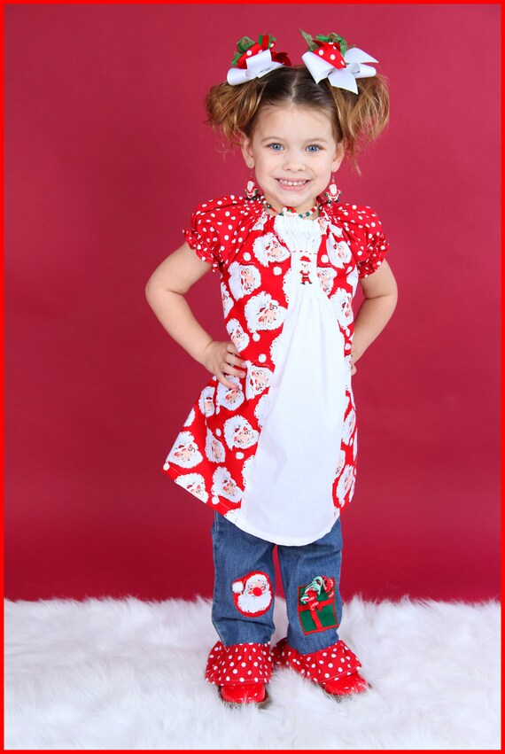 Boutique Hand-Smocked Santa Dress & Applique Jeans Set-christmas, applique, santa, outfit, jeans, boutique, custom, dress, holiday