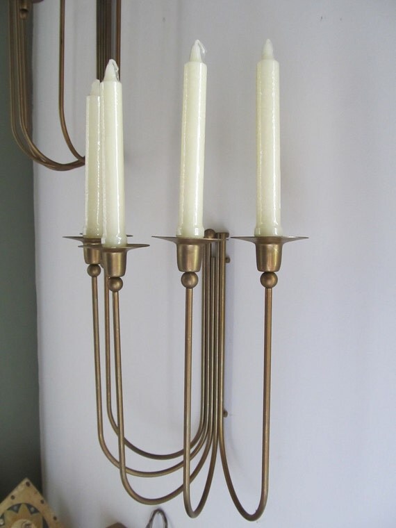 Vintage Five Arm BRASS CANDLE SCONCE--Set of Two