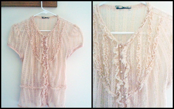 Vintage Lace Blouse Pink Button Up 80s Small Romantic