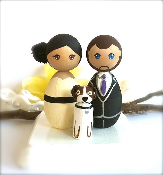 Kokeshi Doll Wedding Cake Toppers Custom and 1 Pet Wood Peg Japanese Style