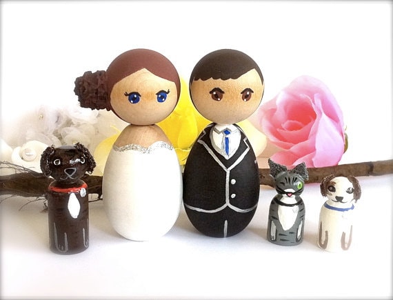 Wedding Toppers with 3 Pets Cat Dog Custom Bride Groom Kokeshi Doll Wooden