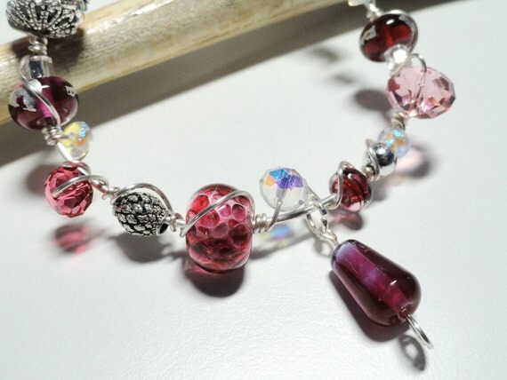 Raspberry Ripple Lampwork Bead Wire Wrapped Bracelet