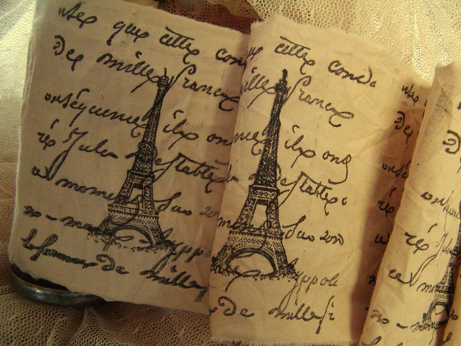 French Script and Eiffel Tower - Hand Stamped Trim - Hand Stamped Ribbon Extra Wide