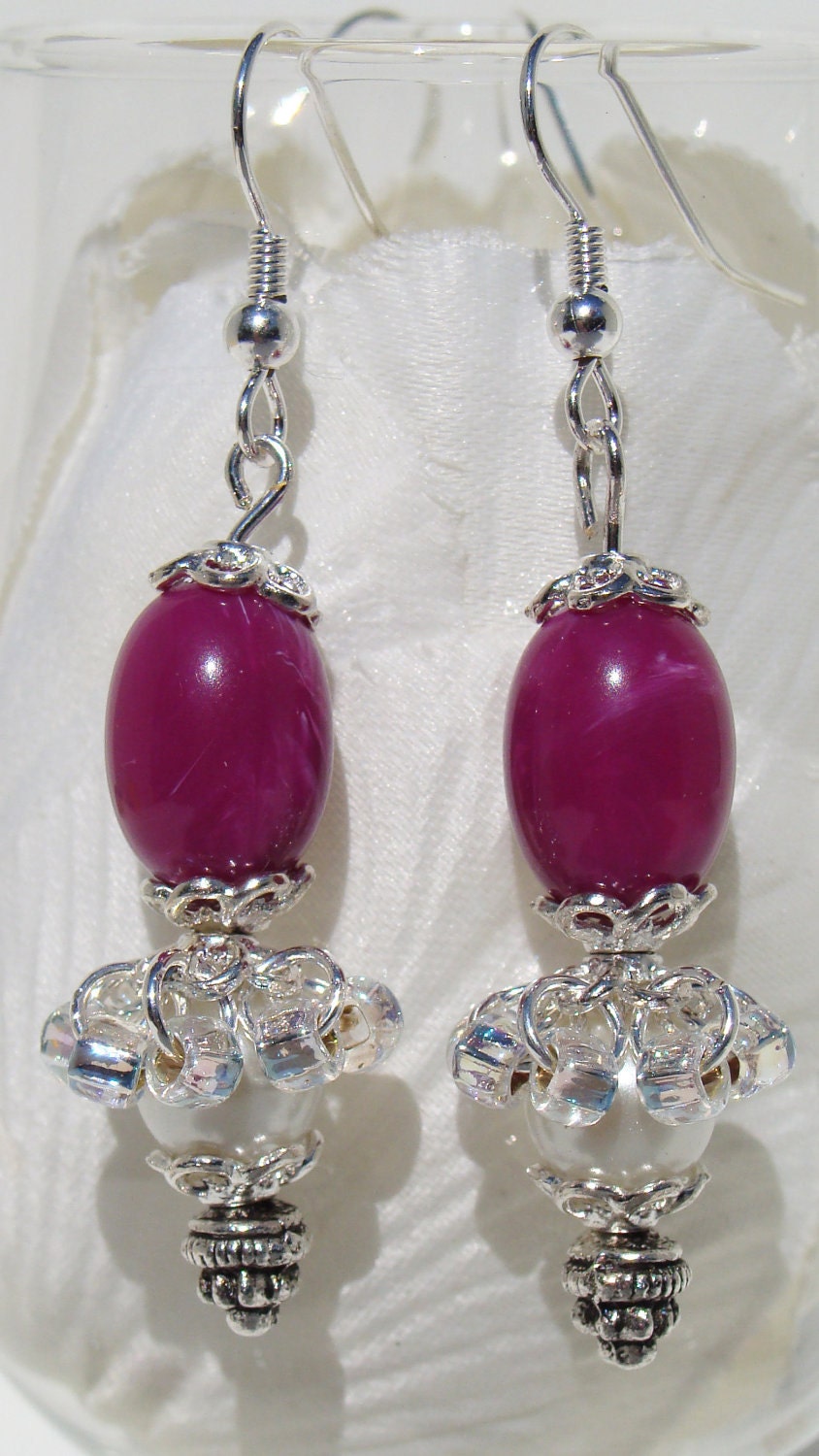 Fushia and Pearl Earrings with a Silver Sparkle
