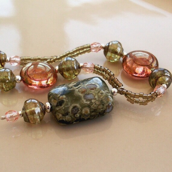 Olive Green, Pale Peach and Copper Rust Colored Swirl Glass with Natural Rhyolite Stone and Sterling Silver Necklace