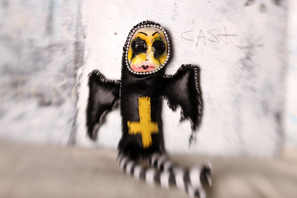 Gothic Art Doll creepy plush Sad Carnival Bat Figure Puppet tears Angel Wings Yellow upside down Cross Dark Fairytale