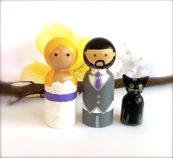 Custom Wedding Cake Toppers with 1 Pet Wood Peg Dolls Personalized Bride 