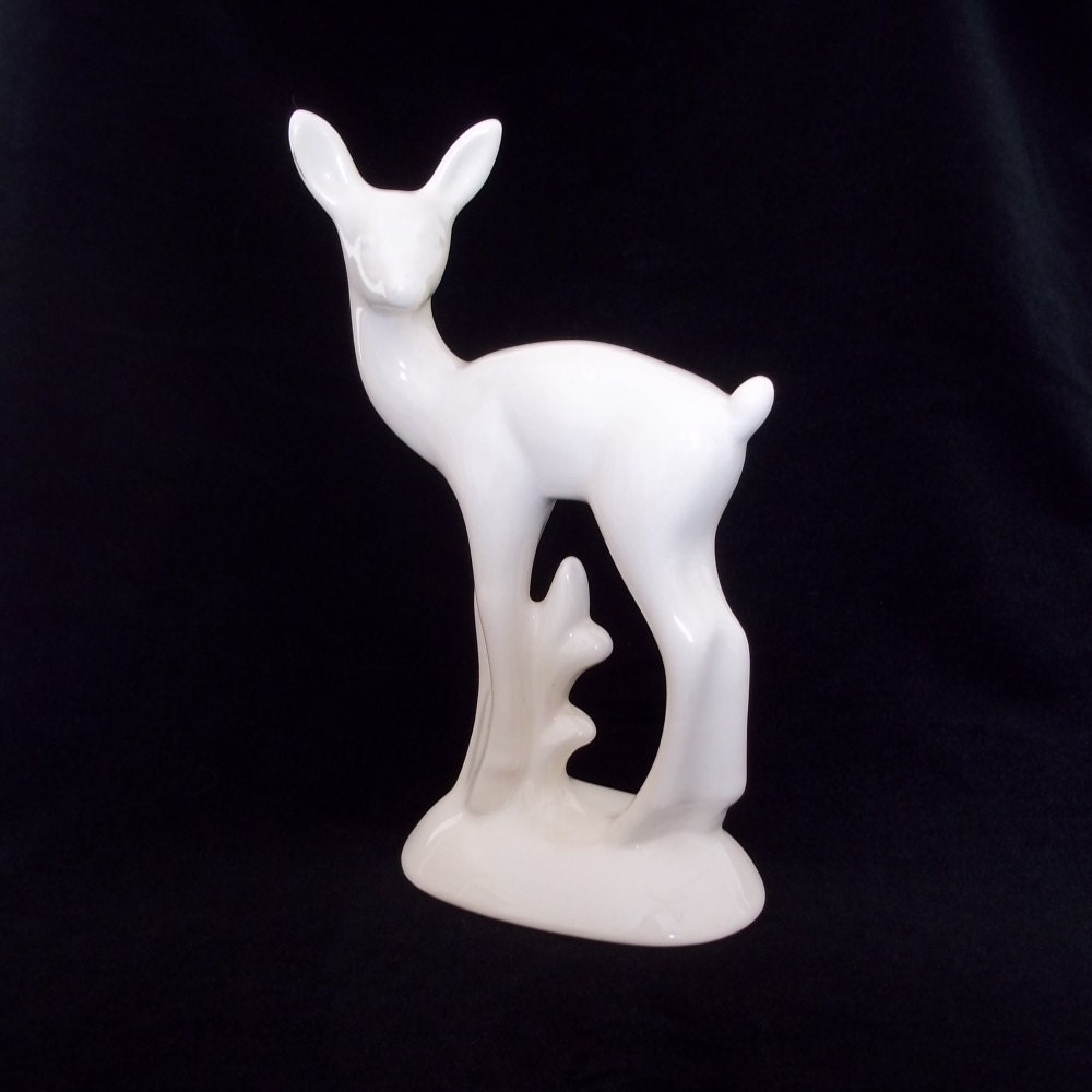 White deer figurine - mid century stylized ceramic porcelain fawn or deer