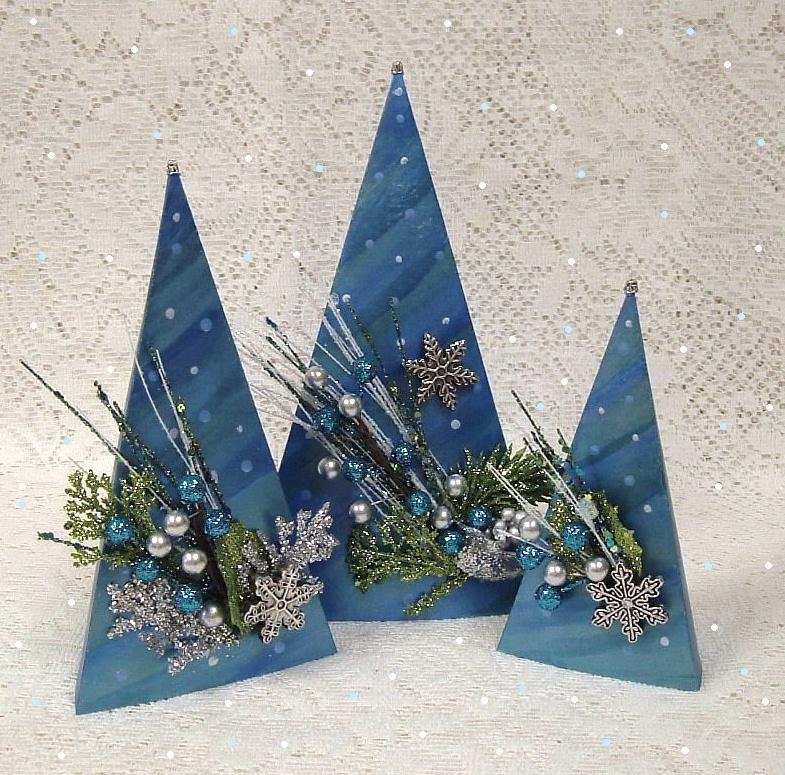 Blue Christmas Tree Decorations Winter Snow Teal Turquoise Trees Snowflakes Handmade