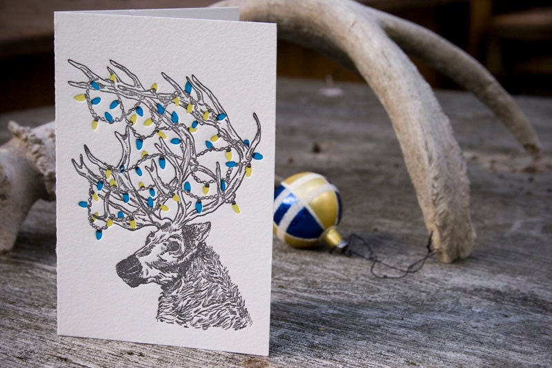 Letterpress Christmas Holiday Card Pack - Festive Reindeer