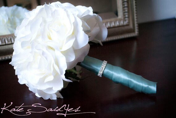 Ivory Rose Silk Bridal Bouquet with Tiffany Blue Satin and Rhinestone Wrap