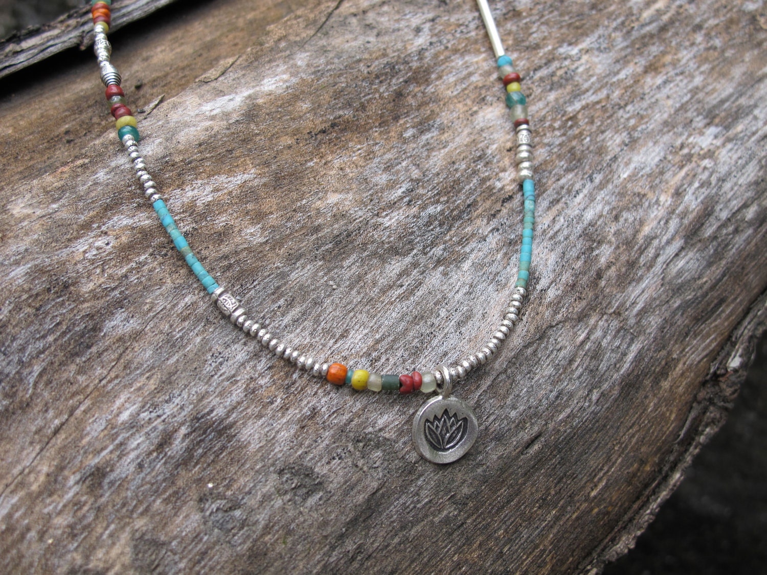 Fine Silver and Natural Stone Bead Lotus Symbol Necklace