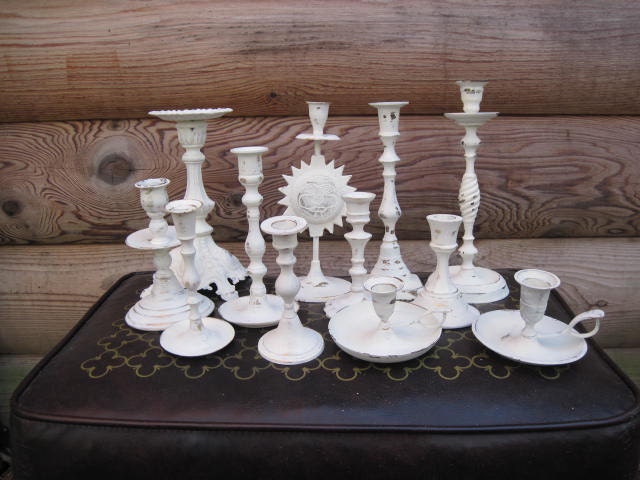Wedding Centerpiece Brass Candle Holders Painted Creamy White