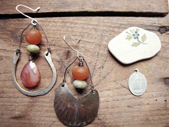 good fortune - artisan metalwork earrings - reclaimed vintage - orange and green
