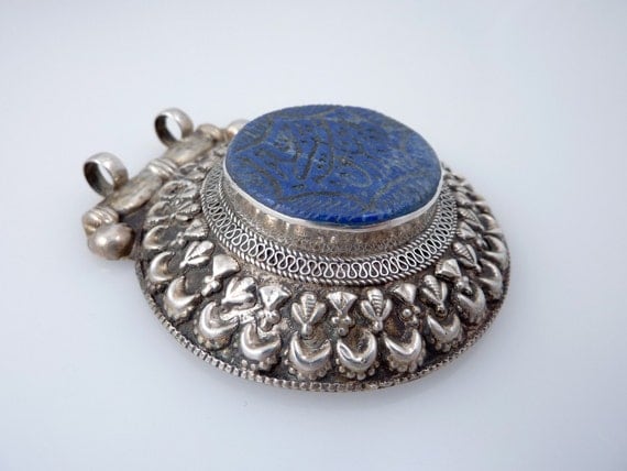 Huge Antique Silver Pendant with Carved Calligraphy Lapis Stone
