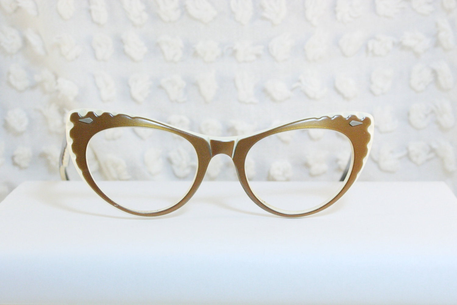 Bronze Wave 1950's Cat Eye Angular Eyeglasses with Carved Waves by Caloban
