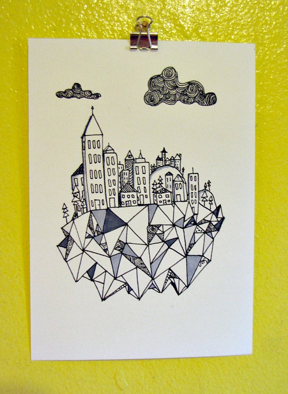 Original ink illustration- The city life - gray and white