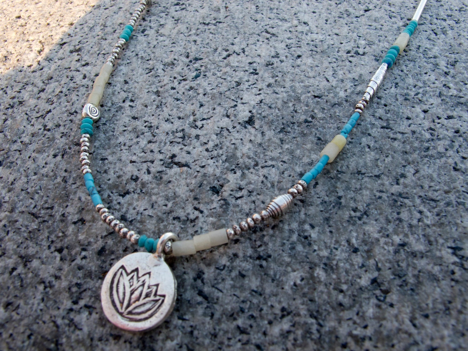 Fine Silver, Turquoise and Serpentine Bead Lotus Symbol Necklace
