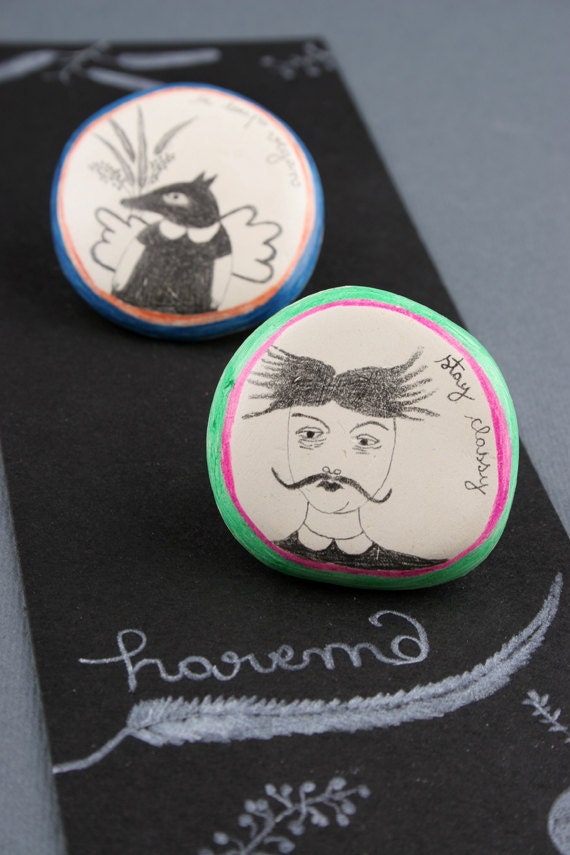 Set Of Two Brooches - Moustache Woman And Vegan Wolf