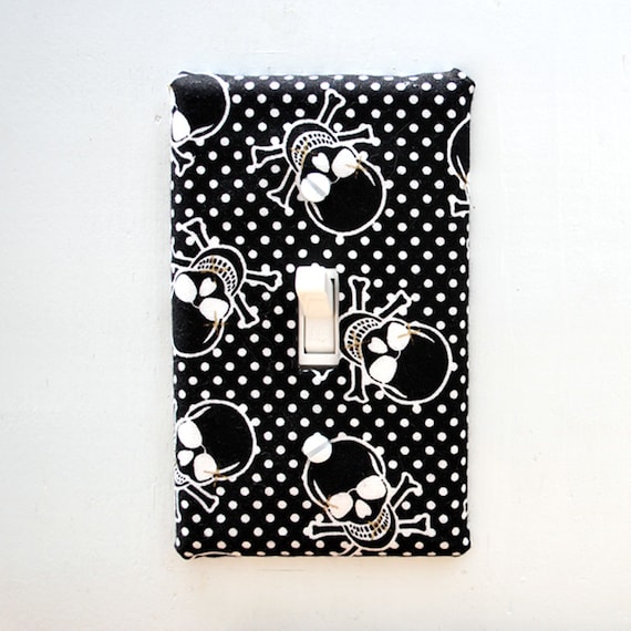 Light Switch Plate Cover, wall decor - black and white skull and cross bone with polkadots, punk rock, hardcore