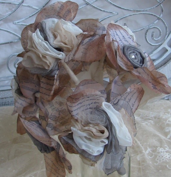 Bridsmaid Flower Bouquet Gray, Ivory  and Beige Fabric and Hand stamped petals by My Broken Art on Etsy
