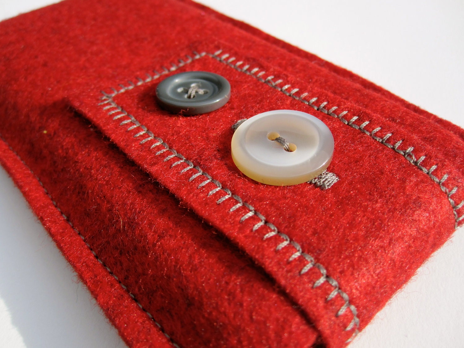 Bold & Modern Red Wool Felt iPhone / iPod Touch Cozy with Earphone or USB Cable Back Pocket - Double Buttoned