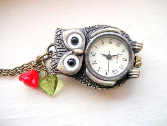 Owl Pocket Watch Necklace - Owl Watch in Antique Brass with Red Czech Glass Flower - Harry Potter, Hedwig, Owl Necklace, Pocketwatch