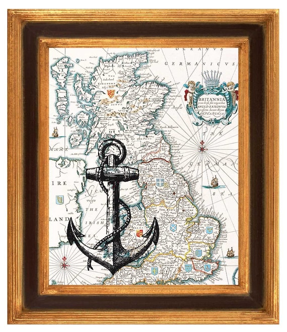 Black Anchor  Print  on antique  map of England , Wall Art, Matte Print  vintage map and illustration