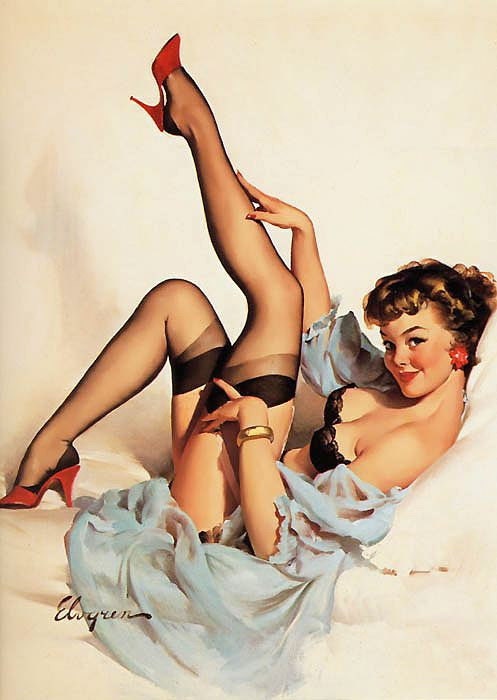 Free US shipping Stylish Handprinted Cotton Art Reproduction Applique Vintage Sexy Pin-up Girl Gil Elvgren, "Sheer comfort", 1959