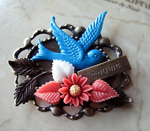 Bird Brooch,  Antique Brass,  Imagine Charm, Turquoise Swallow,  Strawberry Red Sunflower, Vintage leaves, Grandmother Gift