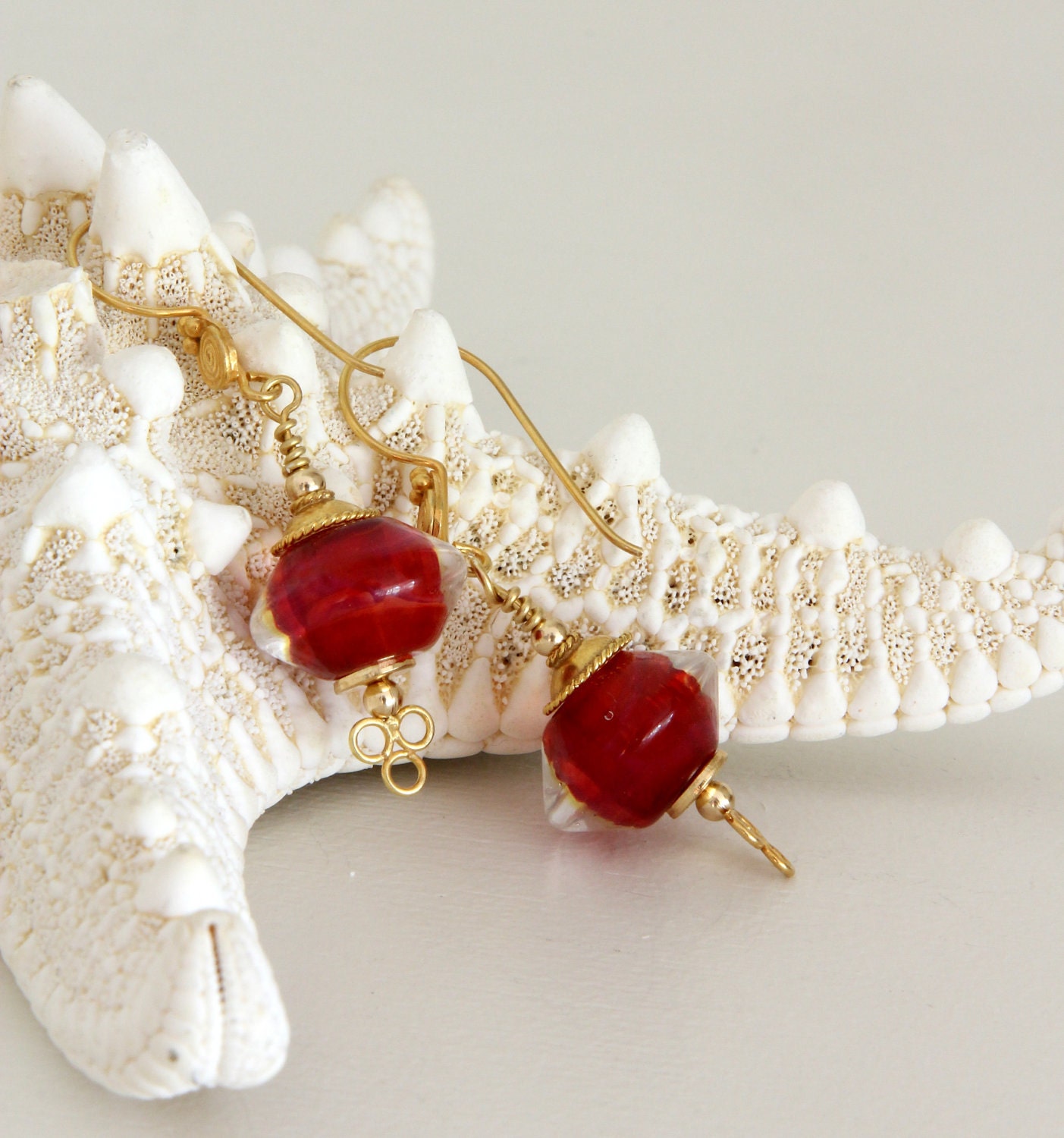 Red Beaded Earrings Lampwork Bead Jewelry Bali Beads