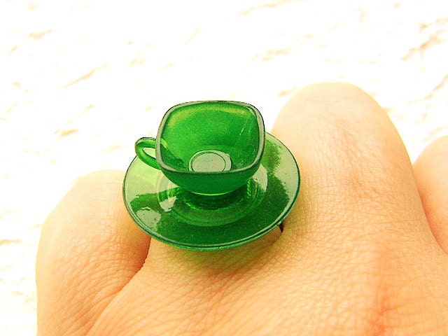 Kawaii Cute Japanese Ring Clear Green Teacup And Saucer