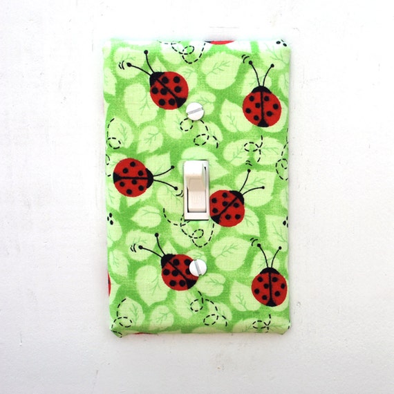 Light Switch Plate Cover - green leaves with red and black ladybugs, natural, nature, outdoors, creatures