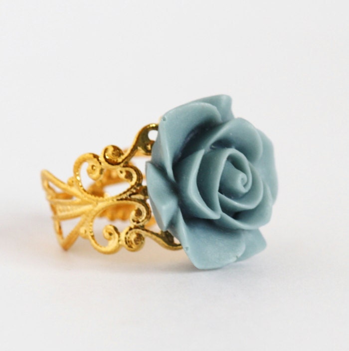 Blue Flower Ring - Gold Plated Adjustable Filigree Ring With Blue Flower