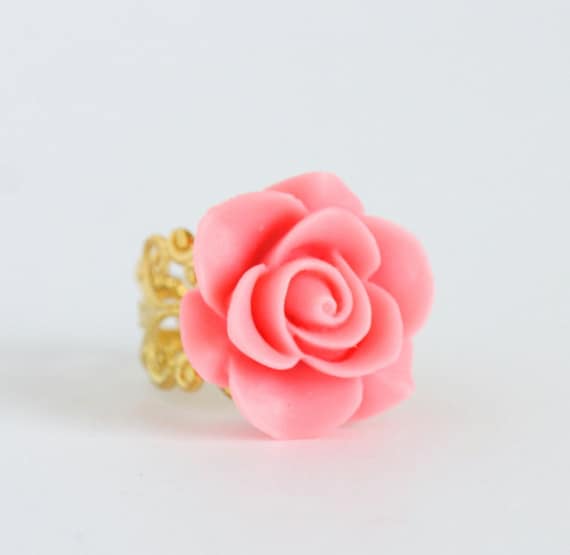 Pink Flower Ring - Gold Plated Adjustable Filigree Ring With Shocking Pink Flower