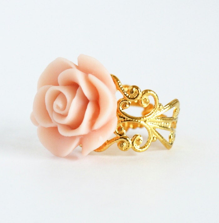 Pink Flower Ring - Gold Plated Adjustable Filigree Ring With Baby Pink Flower