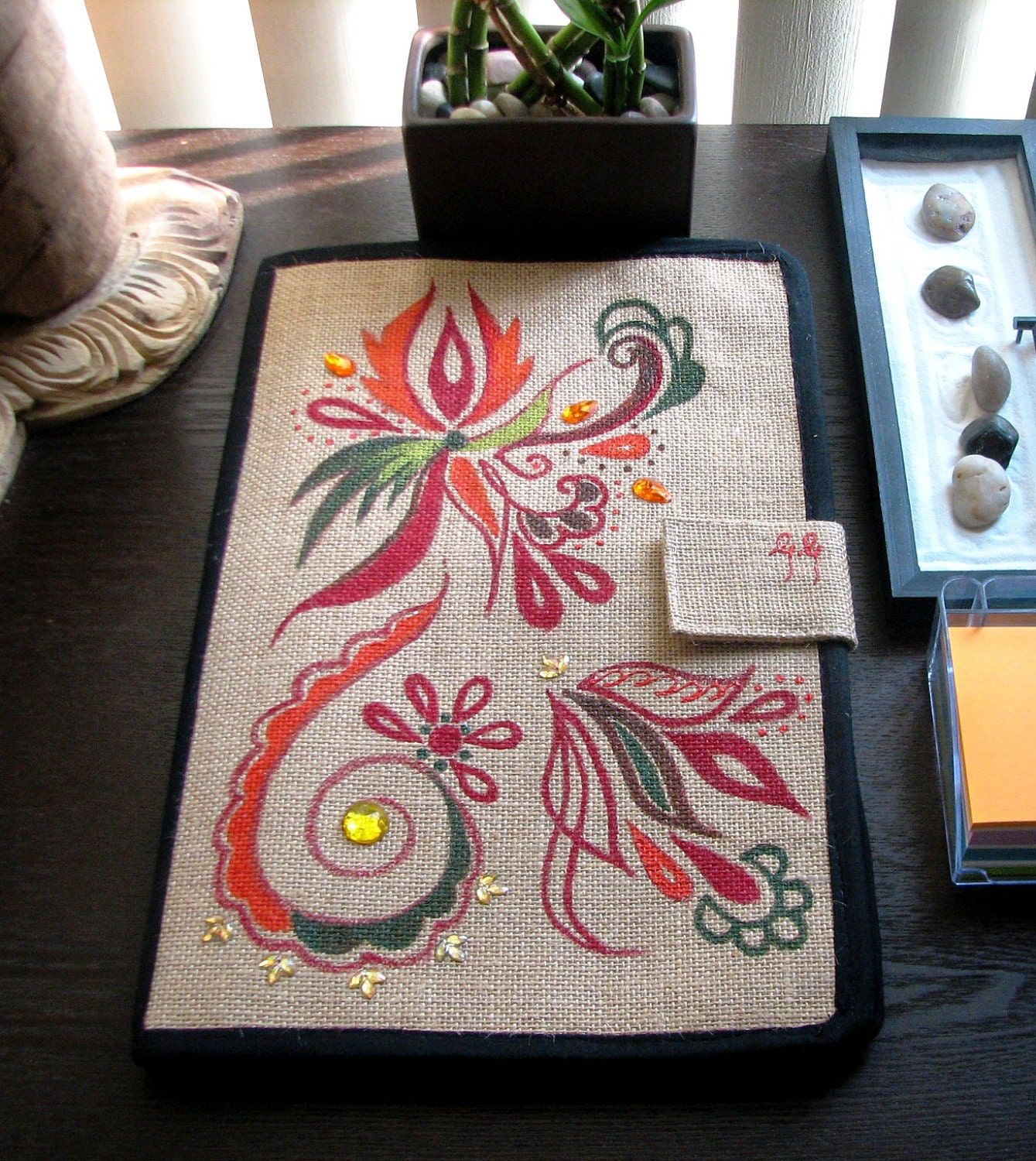 Jute File Folder, Hand Painted, Eco Friendly Stationery, Office for Her, Red, Orange, Green, Boho Chic, OOAK