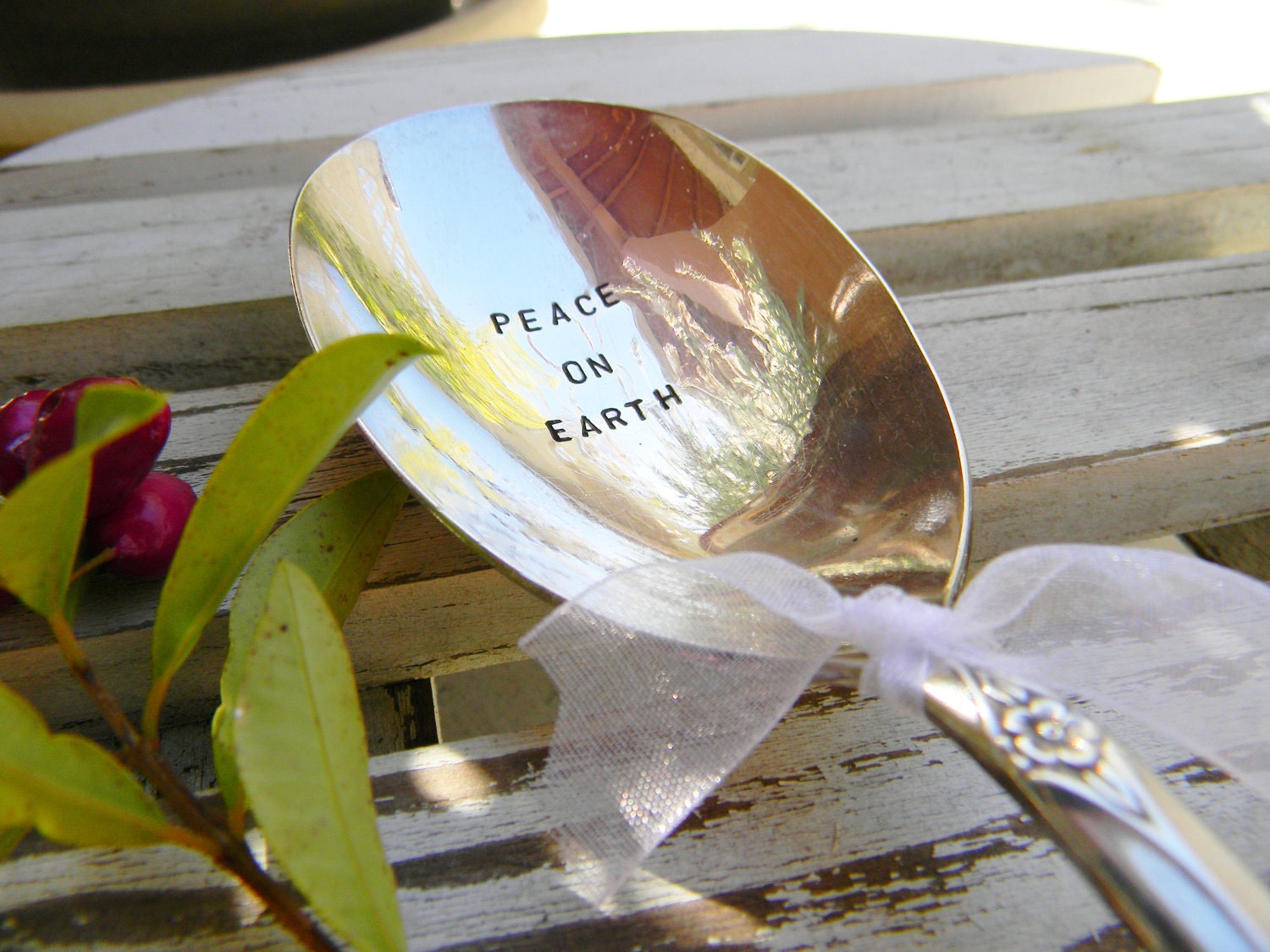 Hand Stamped Holiday Serving Spoon Peace On Earth