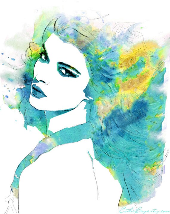 Tropical waters- Watercolor Fashion Illustration Sketch Drawing Abstract Print