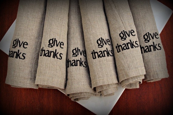 Thanksgiving Linen Napkins in NATURAL Set of 6 Two Words give thanks