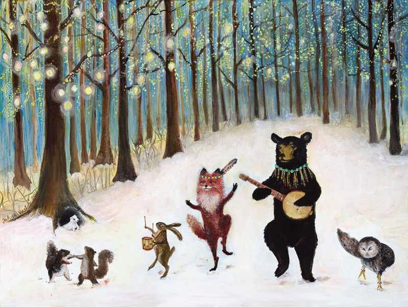 Use 20% OFF coupon code- Forest Festivities- 17.5 x 23 giclee print, forest animals, woodland art, dancing animals, forest, snow