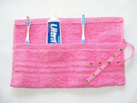 Terrycloth Toothbrush and Paste Travel Pouch in Bright Pink...popular little gift....free shipping
